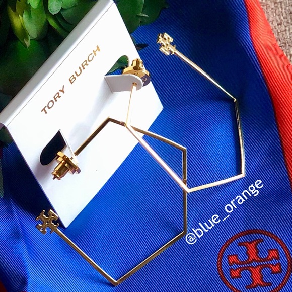 ✨NEW TORY BURCH✨LARGE GOLD HEX HOOP EARRINGS - Picture 2 of 5